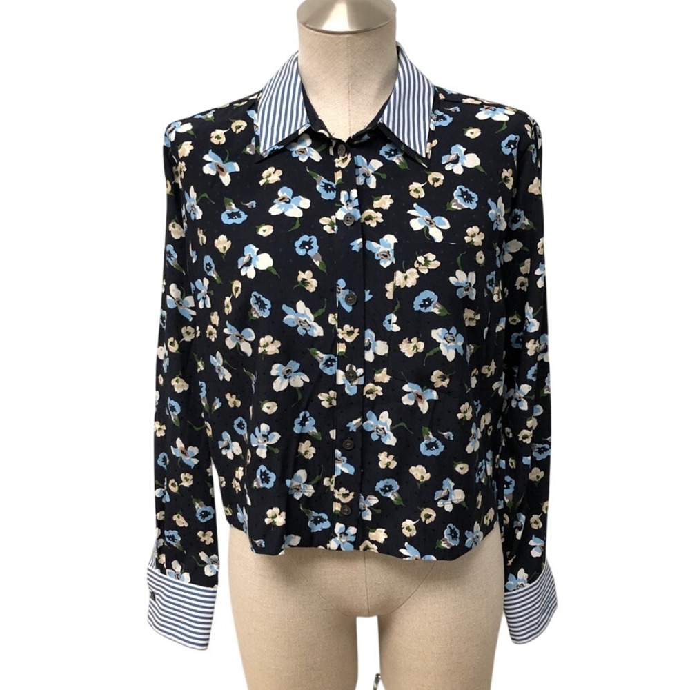 Veronica Beard Button Down Shirt Womens 4 Navy Multi Floral Stripe Silk Blend